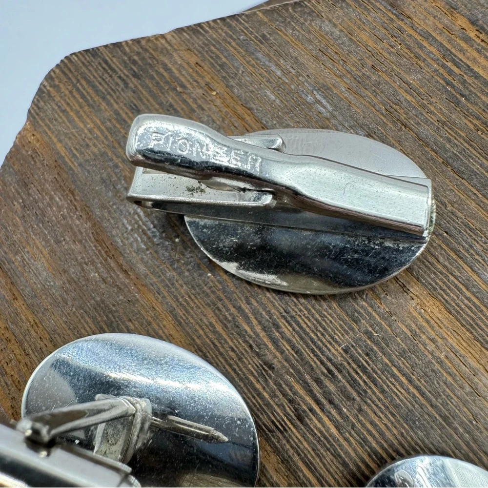 Pioneer vintage silver tone cuff links and tie bar set oval textured MCM